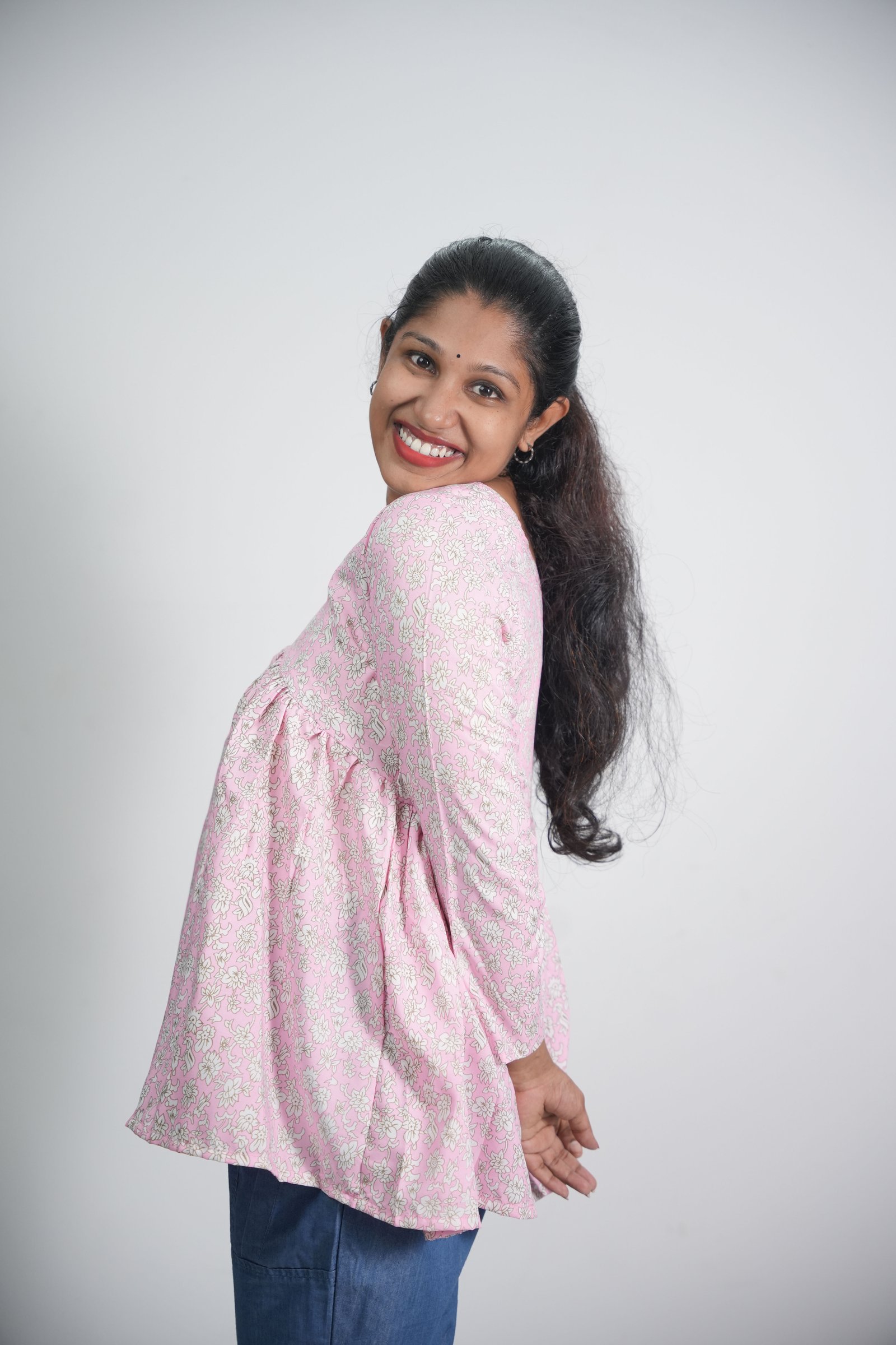 Womens Floral Print Pink Crepe Short Kurti
